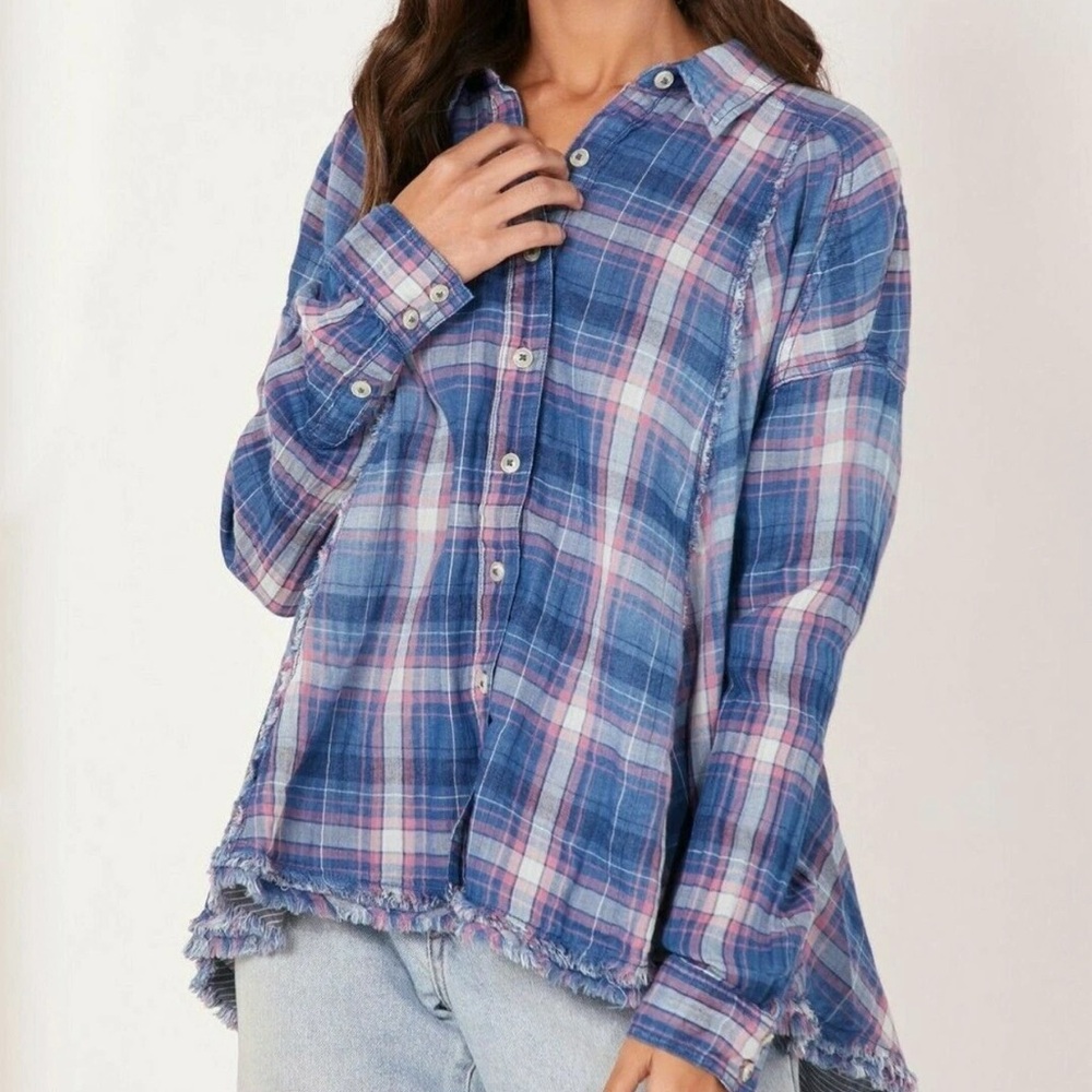 We The Free Plaid Button Down Shirt in Blue and Pink